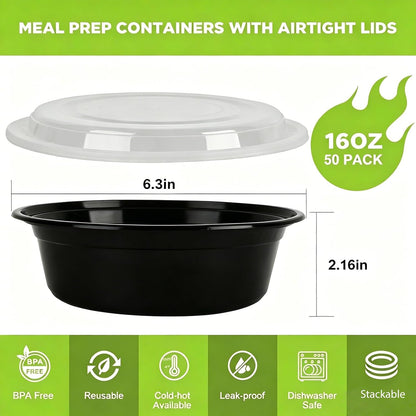 Meal Prep Containers with Lids - 50Pack 32OZ Meal Bowls, Round To Go Containers, BPA-Free, Freezer & Dishwasher Safe