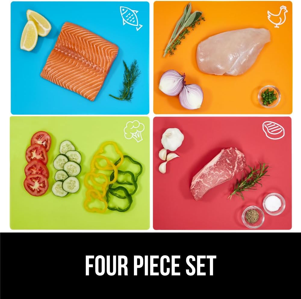 GORILLA GRIP 100% BPA-Free Flexible Cutting Board Set of 5, Durable Plastic Mats with Food Icons for Meal Prepping, Large and Mini Kitchen Chopping Mat, Use for Meat Fish Vegetables Fruit, Multicolor