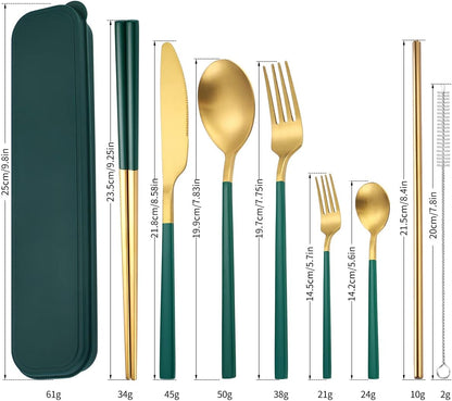 AARAINBOW 6 Pieces 18/8 Stainless Steel Flatware Set Portable Reusable Cutlery Set Travel Utensils Set Including Chopsticks Knife Fork Spoon Straws Cleaning Brush Dishwasher Safe (Green golden)