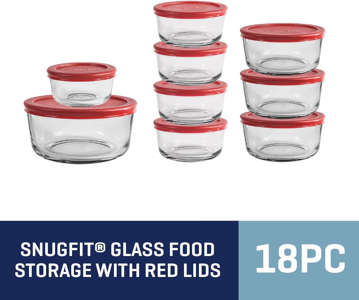 Anchor Hocking 12 Piece Glass Storage Containers with Lids (6 Glass Food Storage Containers & 6 Navy Blue SnugFit Lids)