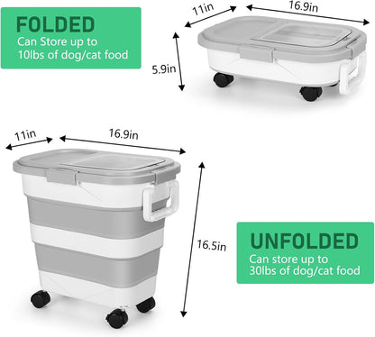 Dog Food Storage Container with Rolling Wheel and Airtight Lid, Black, 30LB | Foldable Food Storage Bins with Snap-Lid Seal to Keep Kibble, Pellets or Seeds Fresh for Dogs, Cats and Birds
