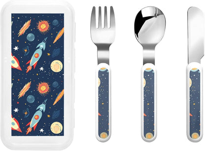 3-Piece Children Utensils Set Rocket in Space Knife Spoon Fork Set Stainless Steel Silverware Set Easy-Grip Reusable Utensils Set Child Flatware Set with Case for Lunch Travel