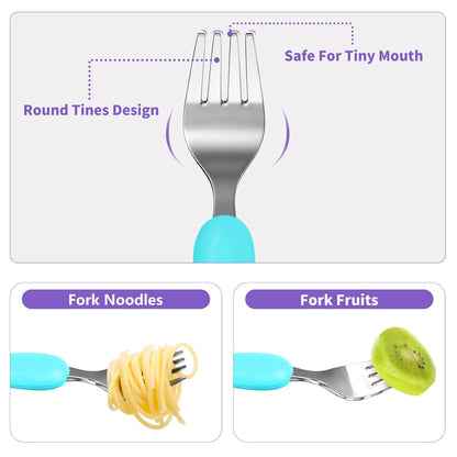 Lehoo Castle 6 Pieces Toddler Utensils, Kids Silverware for 2 3 4 Years Old, Stainless Steel Fork and Spoon Set with Plastic Handle, Safe Toddler Cutlery (Dinosaur)
