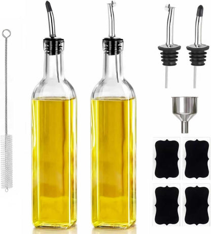 Green Olive Oil Dispenser Bottle - 17oz/500ml Glass Oil and Vinegar Bottles Set for Kitchen, Oil Dispenser with 2 Stainless Steel Pourers, Funnel and Brush