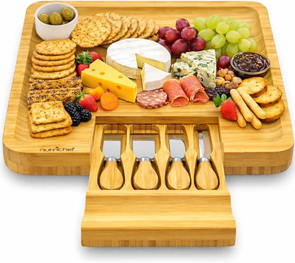 NutriChef Bamboo Natural Cheese Board Set with Bonus Condiment Cup-Extra Large Size 100% Home Organic Wooden Plate and Charcuterie Tray with 4 pcs Cutting Knife Slicer, 13" Round