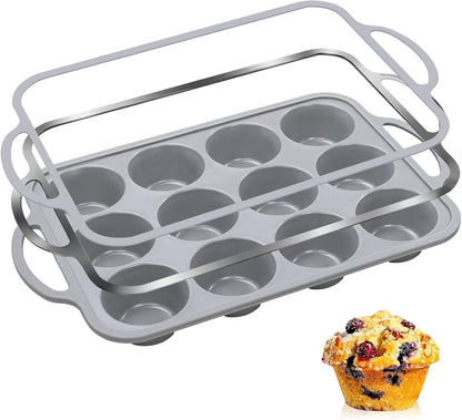 Silicone Muffin Pan with Metal Frame, 12-Cup Non-Stick Baking Pan for Cupcakes & Muffins, Dishwasher Safe & BPA Free, Durable for Meal Prep & Oven Use