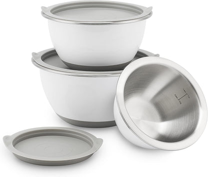 Rorence Mixing Bowls Set with Lids, 18/8 Stainless Steel Mixing Bowls with Non-Slip Silicone Base & Measurement Marks, Airtight Food Storage for Baking, Cooking & Meal Prep,1.5QT/3QT/5QT/Blue