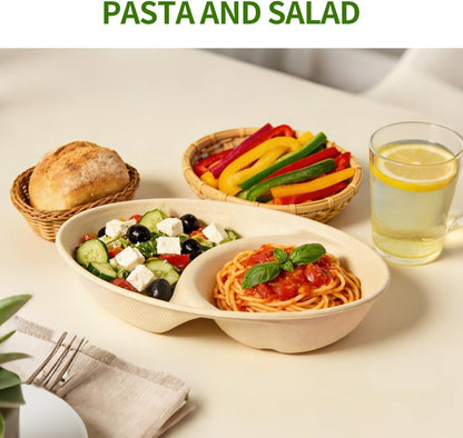 2 Compartment Bowls Disposable 100 Pack, Chip and Dip Bowl Disposable Divided Bowls for Chips and Salsa Serving