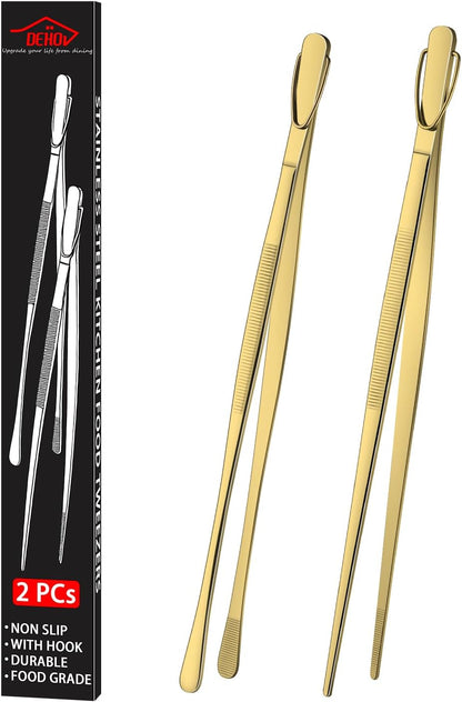 DEHOV 12 Inch Gold Stainless Steel Kitchen Tweezers For Cooking Tongs Set of 2, Metal Long Food Tweezers, BBQ Grill Tongs For Pasta