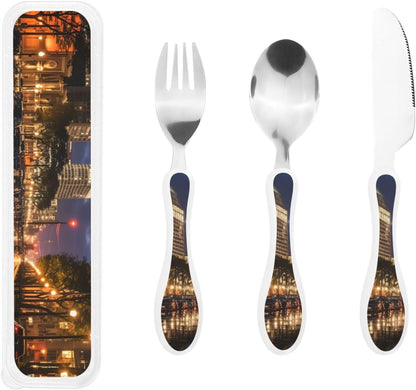 3-Piece Kids Silverware Set With Storage Case, Stainless Steel Reusable Children Safe Knife Spoon Fork Set Easter Bunny Eggs Spring Flower Rabbit Children Flatware Set For Kids Lunch Box