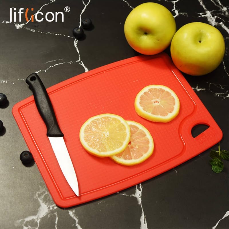 Liflicon Thick Cutting Boards for Kitchen Silicone Chopping Board Set of 2 Mid 12.6'' x 9.1”,Mini 9.1”x7.1” Non-slip Deep Drip Juice Groove Easy Grip Handle,Dishwasher Safe-Red