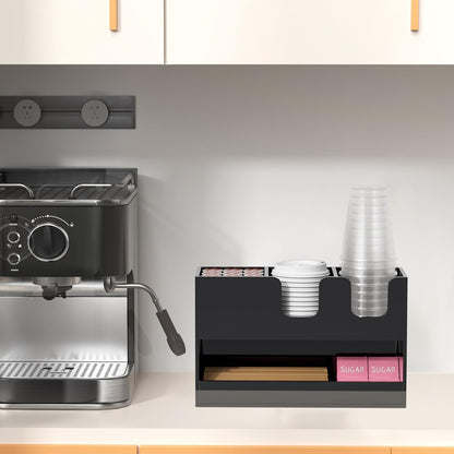 Coffee Condiment and Cup Organizer - 2-Tier Upright Cup and Lid Holder with Straw Organizer 2 Compartments Clear Acrylic Cup Dispenser for Restaurant Breakroom Coffee Station Countertop