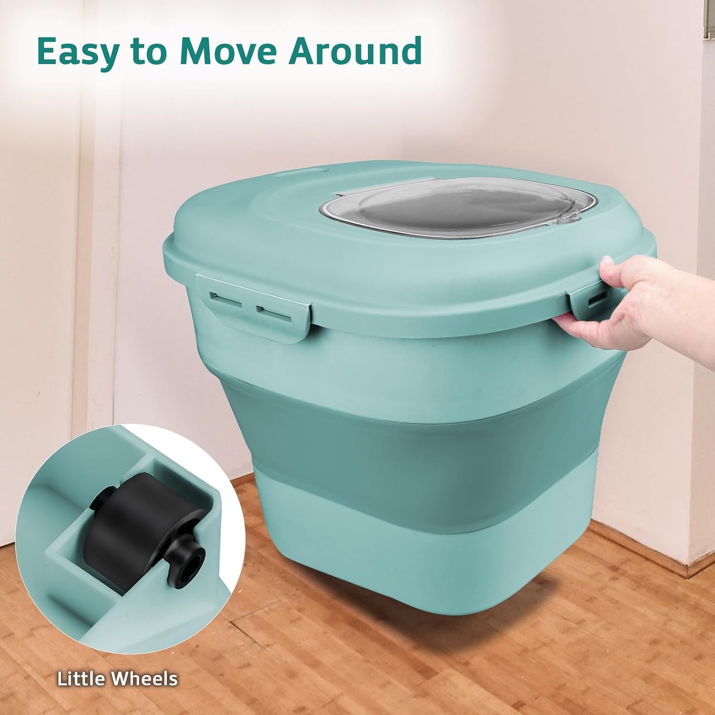Komzon Rice Storage Bin Cereal Containers, 13-50lb Collapsible Rice Container Dispenser with Transparent Lid, Rolling Wheels, Measuring Cup and Scoop, Airtight Dog Cat Pet Food Storage Container White