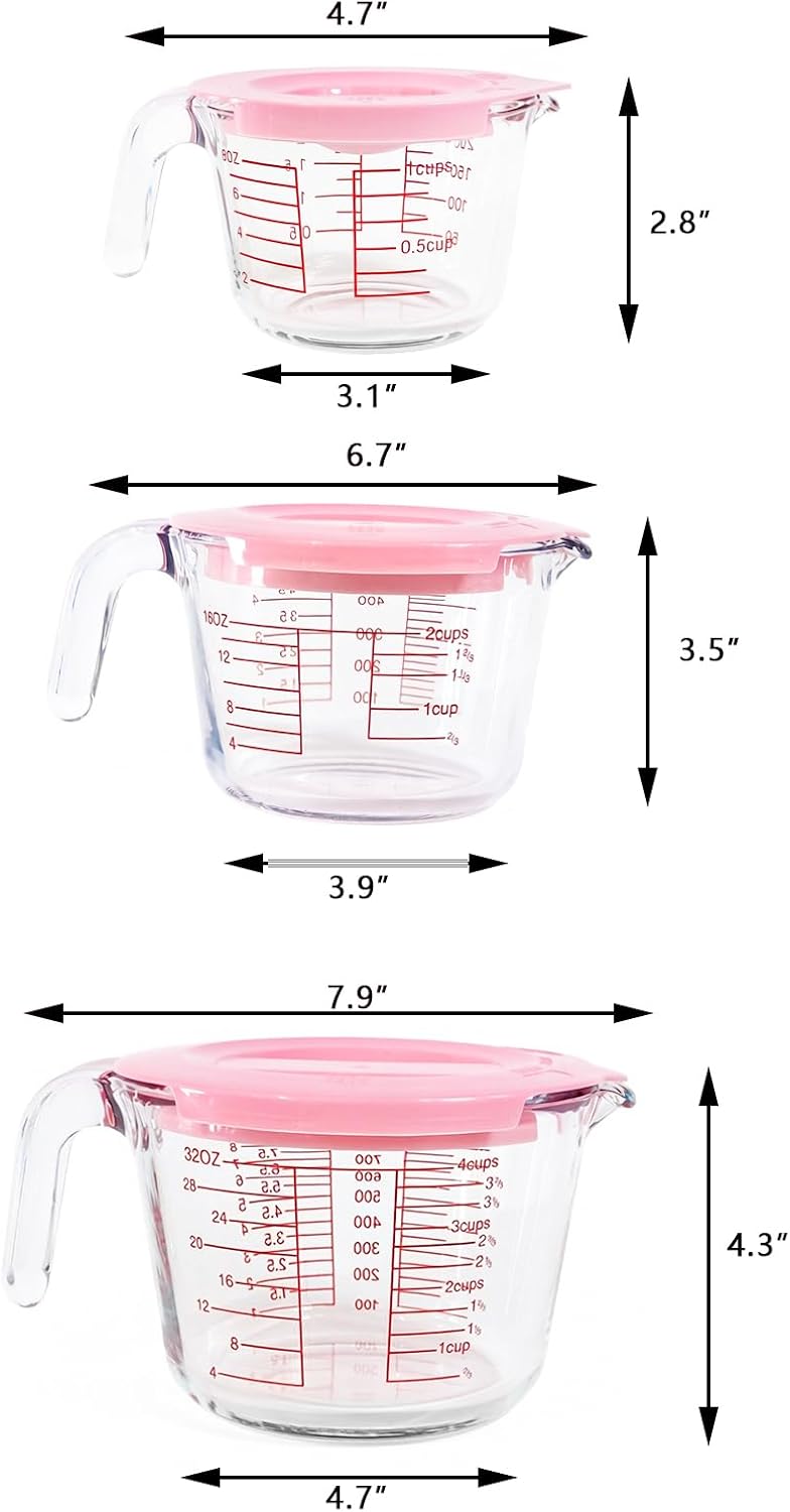 6 Pcs Glass Measuring Cups with Lids Set, 1-Cup, 2-Cup, 4-Cup Measuring Jugs with Handle For Prepping, Baking and Cooking (Pink)