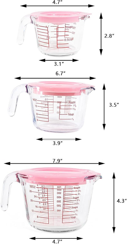 6 Pcs Glass Measuring Cups with Lids Set, 1-Cup, 2-Cup, 4-Cup Measuring Jugs with Handle For Prepping, Baking and Cooking (Pink)