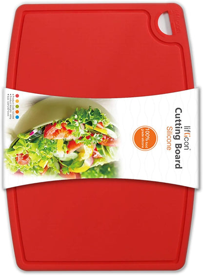 Liflicon Thick Cutting Boards for Kitchen Silicone Chopping Board Set of 2 Mid 12.6'' x 9.1”,Mini 9.1”x7.1” Non-slip Deep Drip Juice Groove Easy Grip Handle,Dishwasher Safe-Red