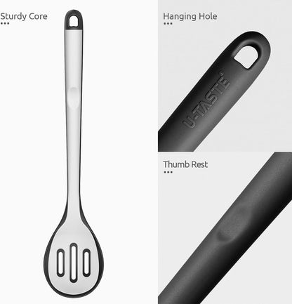 600ºF Heat Resistant Silicone Spoons: U-Taste 13.3in Solid & Slotted Kitchen Cooking Tool, Nonstick Long Rubber Utensil, Sturdy for Mixing, Serving, Stirring, Frying, Basting (Aqua Sky, 2PCS)