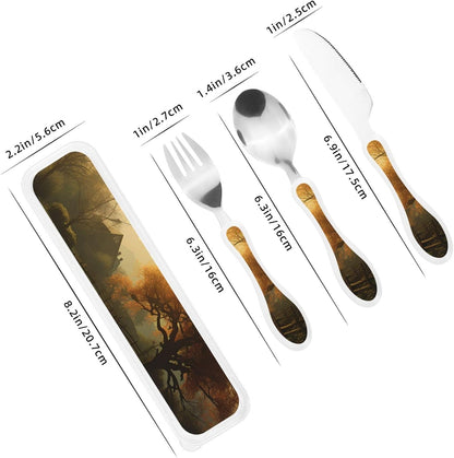 3-Piece Kids Silverware Set With Storage Case, Stainless Steel Reusable Children Safe Knife Spoon Fork Set Blue Lotus Floral Children Flatware Set For Kids Lunch Box