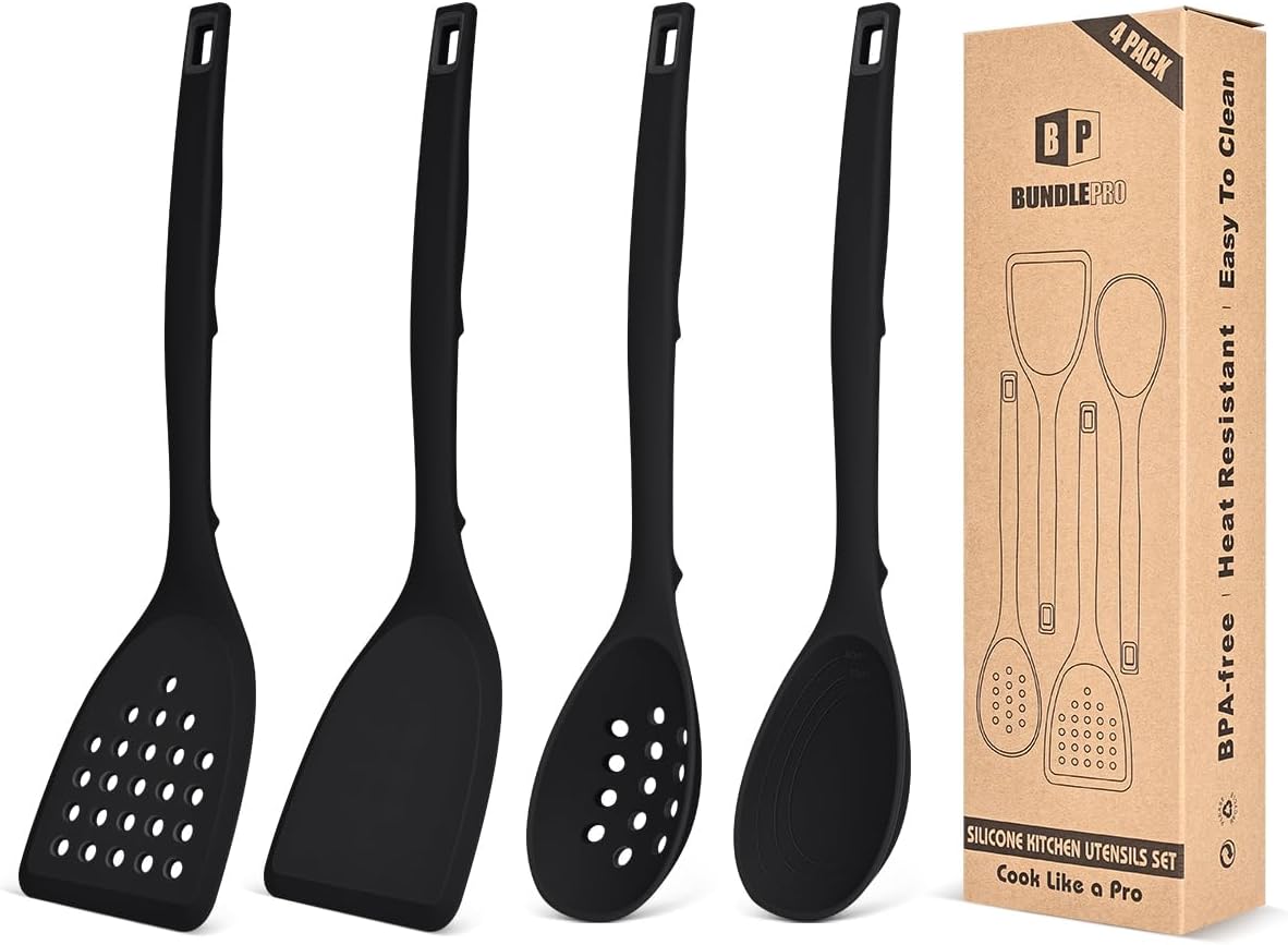 Pack of 4 Silicone Cooking Utensils Set, Non Stick Solid Spatulas and Heat Resistant Slotted Spoons with Back Hooks, Ideal BPA Free Kitchen Utensils Set for Frying,Serving,Turning,Stirring(KHAKI)