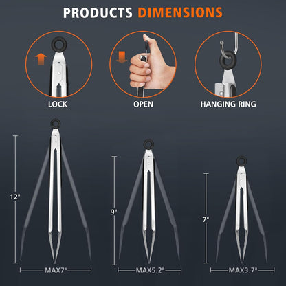Hotec Stainless Steel Kitchen Tongs, Set of 3-7", 9" and 12", Locking Metal Food Tongs for Cooking, Serving, BBQ, Grill with Non-Slip Grip