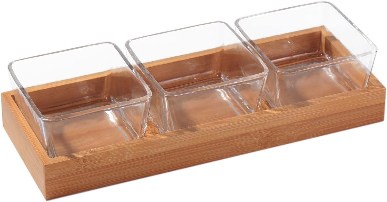 Snackle Box Container Chip and Dip Bowls With Serving Tray, 3 Glass Square Sauce Cups Dip Bowls, Small Fruit Platter Side Dishes for Party Entertaining Appetizer Dessert Salsa Side Dishes(THREE)