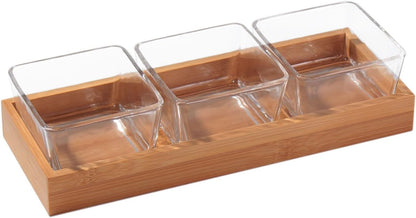 Snackle Box Container Chip and Dip Bowls With Serving Tray, 3 Glass Square Sauce Cups Dip Bowls, Small Fruit Platter Side Dishes for Party Entertaining Appetizer Dessert Salsa Side Dishes(THREE)