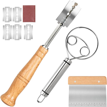 Hand Crafted Bread Lame Premium Sourdough Scoring Tool Bread Making Tools pieces Bread Knife(5 Blades) with Dough Scraper Bread Cutter