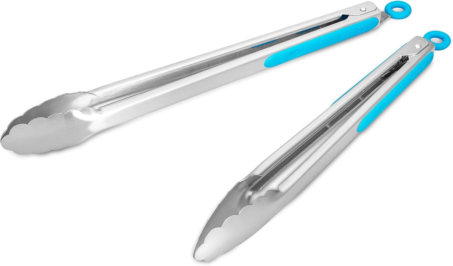 304 Stainless Steel Kitchen Cooking Tongs, 9" and 12" Set of 2 Sturdy Grilling Barbeque Brushed Locking Food Tongs with Ergonomic Grip, Black