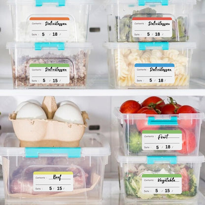 100Pcs Removable Food Storage Labels Paper Self Adhesive Stickers Colorful Refrigerator Freezer Labels 2.36x1.18 Inch Waterproof Rectangle Decals with Contents Date Easy Clean