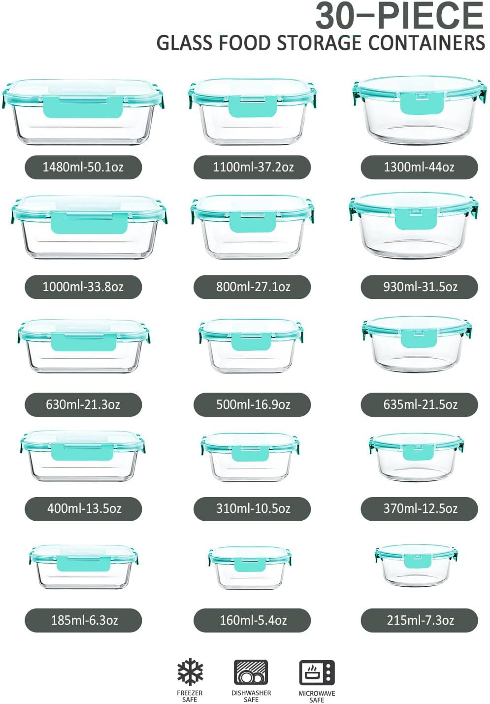 M MCIRCO 30 Pieces Glass Food Storage Containers with Snap Locking Lids,Glass Meal Prep Containers Set - Airtight Lunch Containers, Microwave, Oven, Freezer and Dishwasher