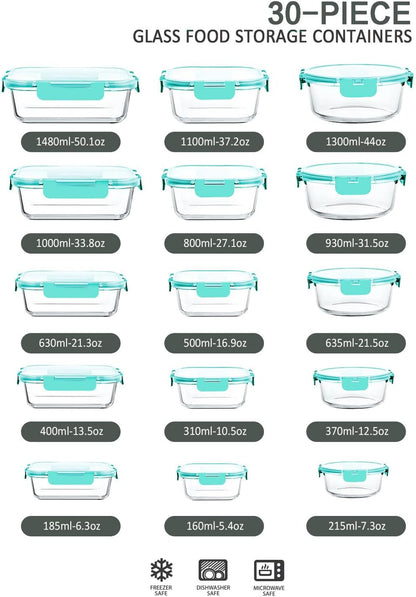 M MCIRCO 30 Pieces Glass Food Storage Containers with Snap Locking Lids,Glass Meal Prep Containers Set - Airtight Lunch Containers, Microwave, Oven, Freezer and Dishwasher