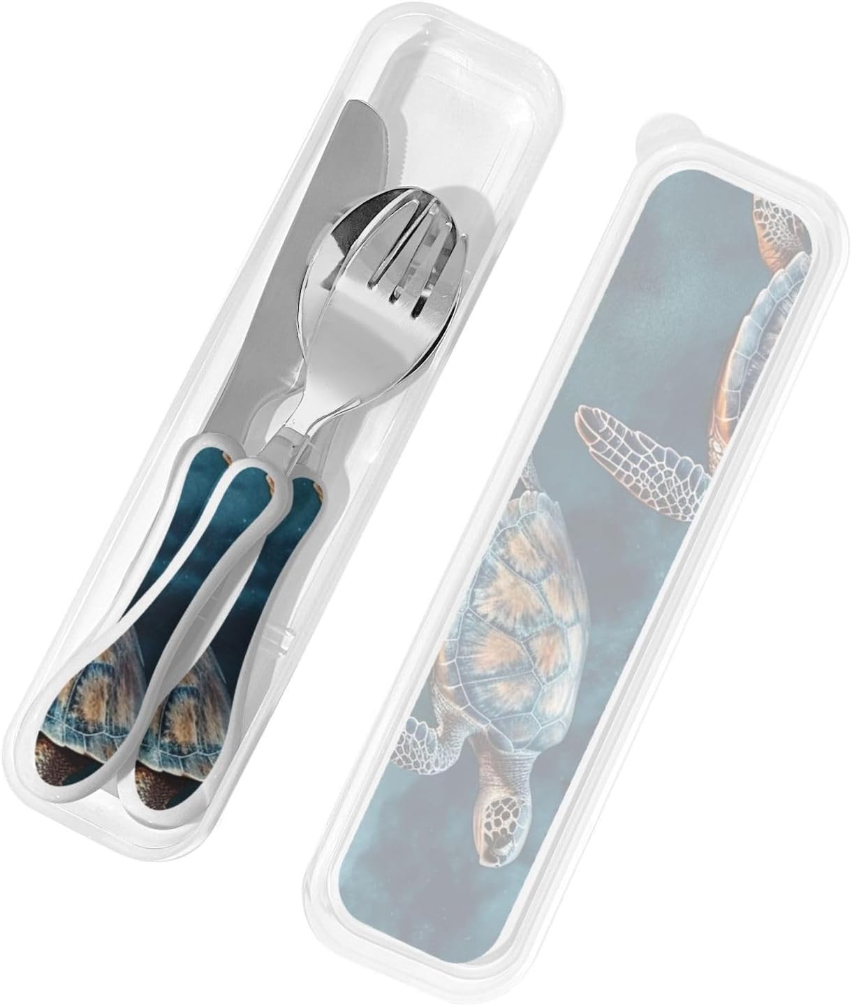 Stainless Steel Kids Silverware Set, Turtle Swimming In The Sea Utensil Set Reusable Children Safe Knife Spoon Fork Set With Storage Case Dishwasher Safe For Lunch, Travel Outdoors