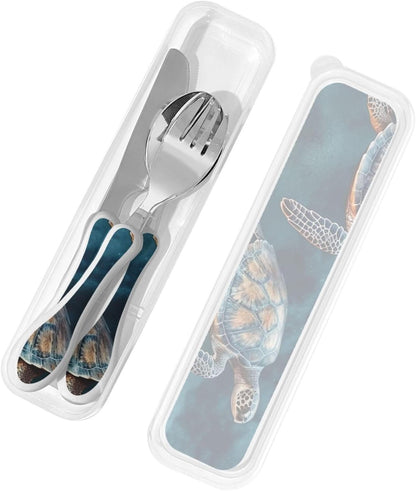 Stainless Steel Kids Silverware Set, Turtle Swimming In The Sea Utensil Set Reusable Children Safe Knife Spoon Fork Set With Storage Case Dishwasher Safe For Lunch, Travel Outdoors