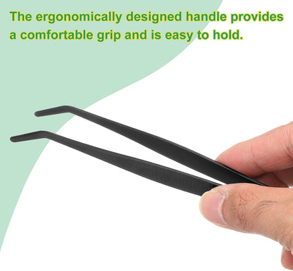 HARFINGTON Stainless Steel Tweezers 4.9 Inch Precision Tweezers with Curved Serrated Tip Multi-Purpose Kitchen Tongs for Cooking Gardening Repairing Craft, Black