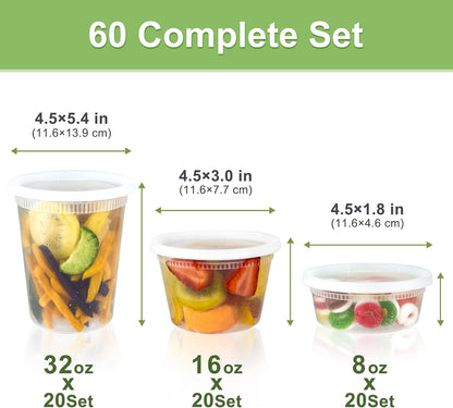 Dipoo 60 Sets (120-Piece) Deli Containers with Lids, 32/16/8 oz X 20 Set Each, Leak-Proof & BPA Free Airtight Takeout Plastic Food Storage Containers for Soup, Freezer/Microwave/Dishwasher Safe