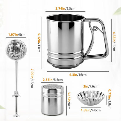 Flour Sifter Set, 4‑in‑1 Stainless Steel Double Layer Fine Mesh Sifter