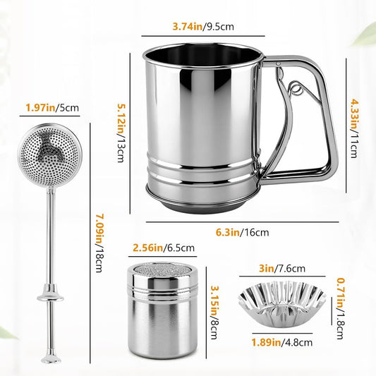 Flour Sifter Set, 4‑in‑1 Stainless Steel Double Layer Fine Mesh Sifter