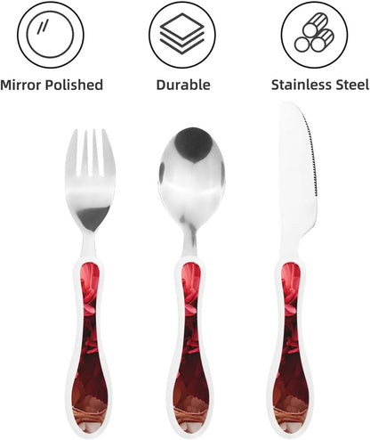 3-Piece Kids Silverware Set With Storage Case, Stainless Steel Reusable Children Safe Knife Spoon Fork Set Classy Flowers Children Flatware Set For Kids Lunch Box