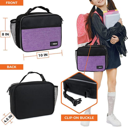 opux Insulated Lunch Bag Kids, Lunch Box for School Boy Girl, Leakproof Small Reusable Compact Soft Mini Cooler Bag, Toddler Small Lunch Boxes Kit Pail with Front Side Pockets (Purple)