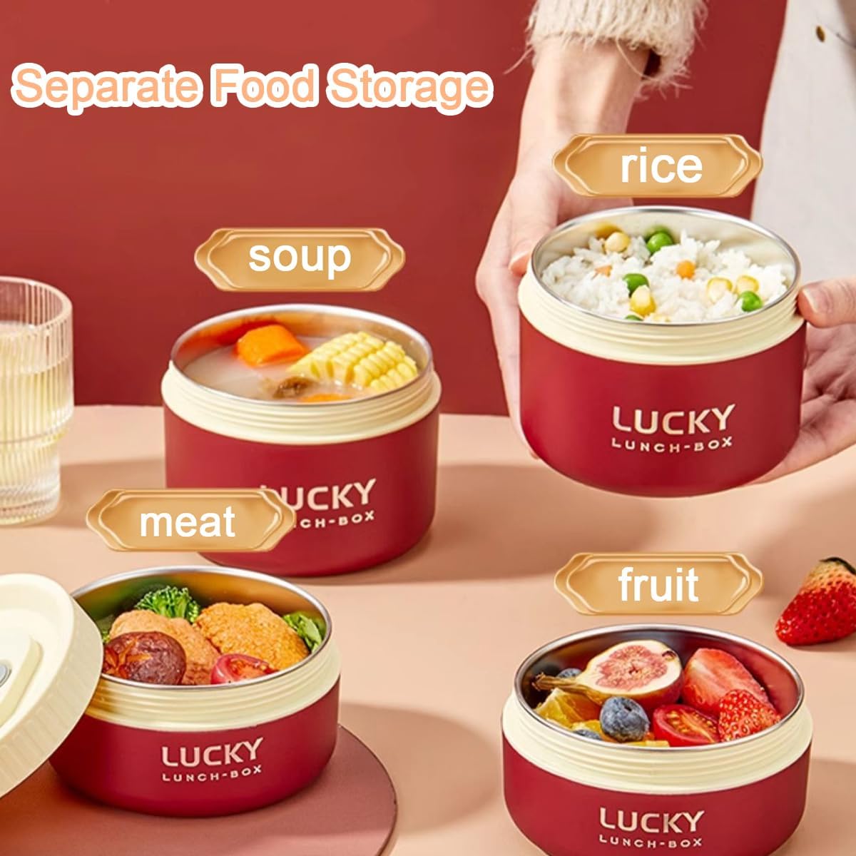 3 Compartments Bento Lunch box with Soup Bowl, Insulated Lunch Bag and Portable Utensils, Stainless Steel Camera Lunch Containers，Leak Proof Bento Box for Kids Adults Men Women…