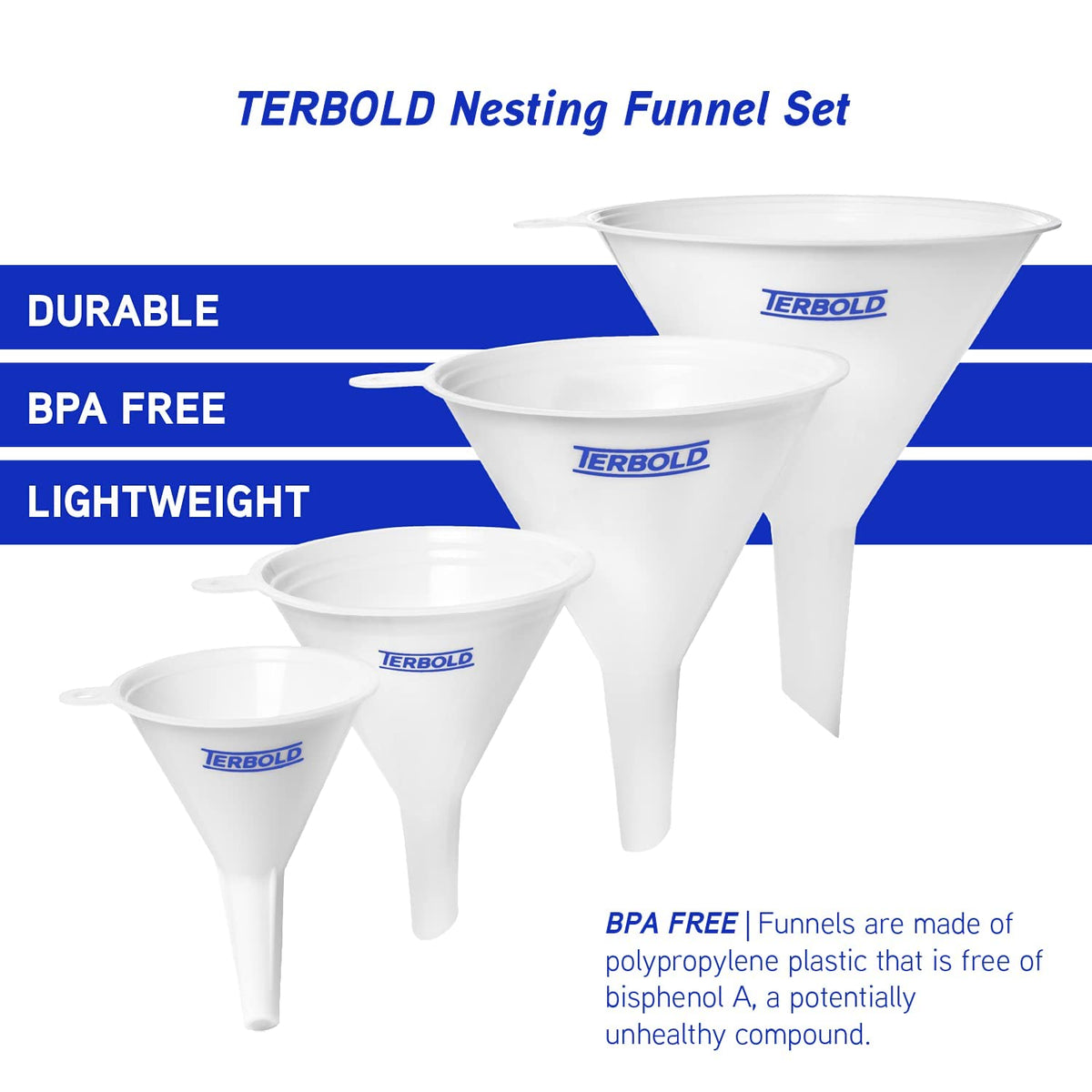 4pc Funnel Nesting Set in BPA Free Plastic for Kitchen Cooking, Car Oil, Home, or Lab Use (White)
