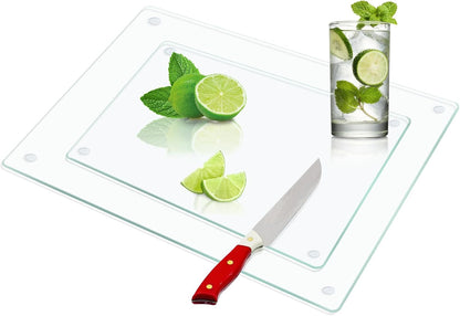 JAMBALAY Tempered Glass Cutting Boards for Kitchen, 16"x12" Clear Glass Cutting Board Set, 2Pcs Chopping Board with Rubber Non Slip Feet, Heat Resistant, Shatter Resistant, Dishwasher Safe