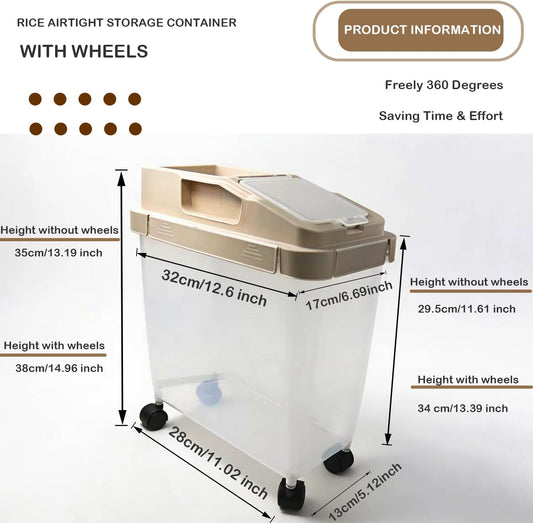 Rice Storage Container with Measuring Cup, Large-Capacity Sealed Moisture-Proof Kitchen Flour & Grain Container, Space-Saving Pet Food Storage Box with Wheels for Easy Organization