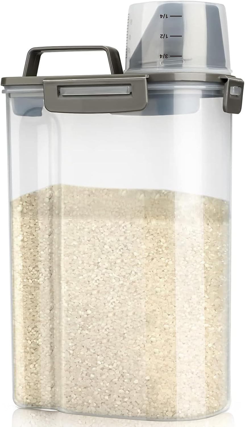 Viretec Rice Storage Container, 15 to 20lb Dry Food Airtight Dispenser, Pet Dog Cat Food Canister, BPA Free Clear Plastic Kitchen and Pantry Bin for Oatmeal, Cereal, Pasta, Flour Pack of 2 Grey