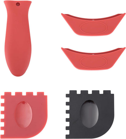 5pcs Silicone Handle Cover for Lodge Cast Iron Skillets, Includes Pan Grip Handle Cover 2 Assist Pot Holder Sleeves & 2 Grill Scrapers Heat Resistant Dishwasher Safe