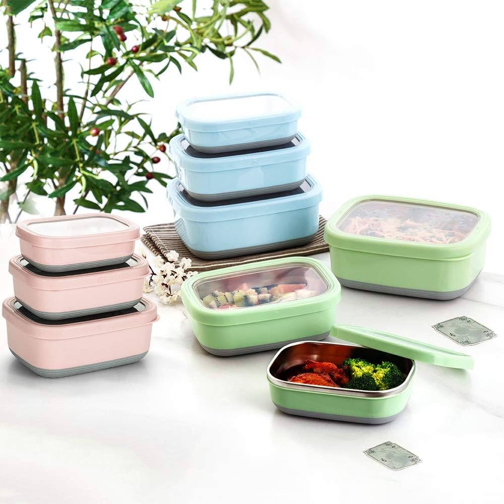 Lille Home Leak Proof Stainless Steel Lunch Snack Containers Set - Ideal for Educational Settings and Daycare - Nesting Trio with Silicone Lids - 47oz+30oz+16oz - Pink