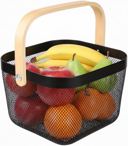 Mesh Steel Storage Organizer Basket Fruit Basket Bin with Wood Handle Ideal for Kitchen Bathroom Picnic Baskets Pantry Cabinets Storage Home Decor (White)