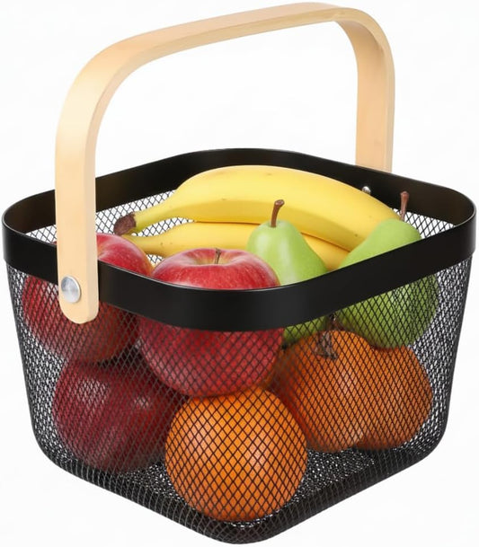 Mesh Steel Storage Organizer Basket Fruit Basket Bin with Wood Handle Ideal for Kitchen Bathroom Picnic Baskets Pantry Cabinets Storage Home Decor (White)