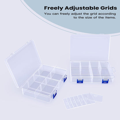 2 Pcs 8 Grids Clear Plastic Storage Box with Adjustable Dividers, Stackable 8 Compartments Small Organiser Box Container for Accessories Beads Jewelry Earring Tool, 7.48×5.23×1.8 Inches