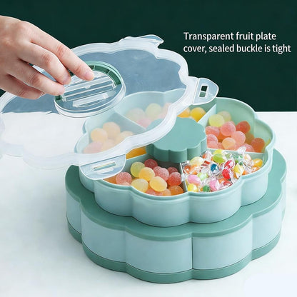 Divided Serving Tray that Spins - Perfect for Snacks, Dips & Party Appetizers,Rotating Snack Box Container with Lid,Double-Layer Lazy Susan Organizer Veggie Fruit Tray for Kitchen,Travel and Picnic